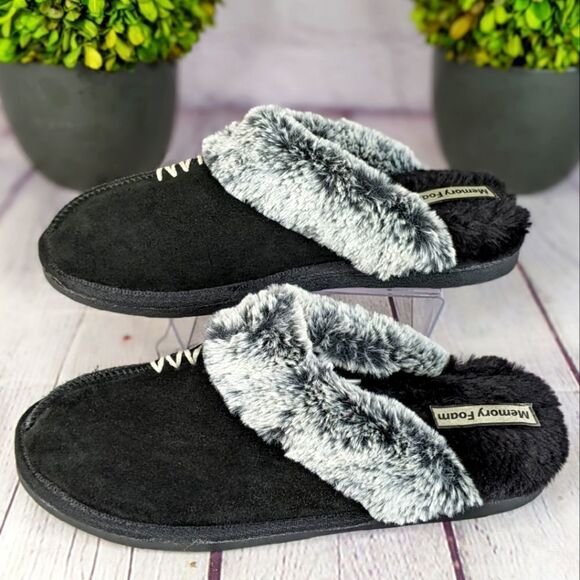 Black Faux Fur House Slipper Scuff Memory Foam Slip On Anti-Skid Sole - Picture 4 of 9